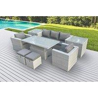 Light Grey Rattan Outdoor Dining Sofa Set with Adjustable Rising Table - 6 Seater, Weather-Resistant