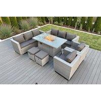Modern PE Rattan 8-Seater Garden Sofa Set with Fire Pit Table - Weather-Resistant Outdoor Lounge