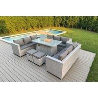Modern PE Rattan Garden Sofa Set with Fire Pit Table - Weather-Resistant, 9-Seater Outdoor Lounge