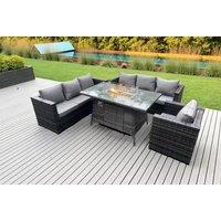 7-Seater Dark Grey Rattan Garden Dining Set with Firepit Table - Weather-Resistant, Modern Design