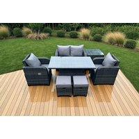 Modern PE Rattan Reclining 6-Seater Garden Dining Set with Rising Table