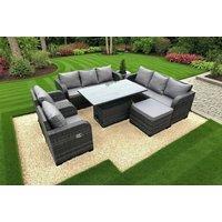 Modern Rattan Reclining Garden Sofa Set with Adjustable Rising Table - 7 Seater, Weather-Resistant, Dark Grey