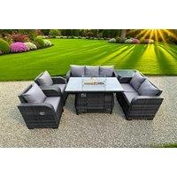 7-Seater Dark Grey Rattan Garden Sofa Set with Fire Pit & Recliner