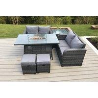 6-Seater PE Rattan Garden Dining Set with Firepit Table - Weatherproof