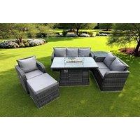 Modern Rattan Reclining Sofa Set with Fire Pit Table - 6-Seater Outdoor Lounge