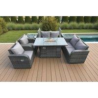 Luxury 6-Seater Modern Rattan Dining Set with Fire Pit - Weather-Resistant Reclining Armchairs