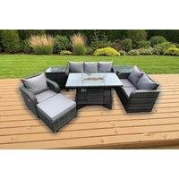 Weather-Resistant PE Rattan Dining Set with Fire Pit Table - Reclining Sofa & Lounge