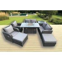 8-Seater Weather-Resistant PE Rattan Reclining Sofa Set with Firepit Table