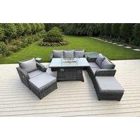 Deluxe Rattan Reclining Sofa Set with Firepit Table