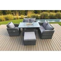 6-Seater Modern PE Rattan Dining Set with Reclining Chairs & Fire Pit