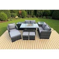 PE Rattan Reclining Dining Set with Fire Pit Table - Weather-Resistant, Modern 6-Seater