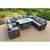 Modern 8-Seater Rattan Dining Set with Reclining Chairs & Fire Pit