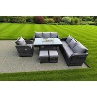 9-Seater Reclining Rattan Garden Dining Set with Firepit Table - Weather-Resistant, Modern Outdoor Furniture