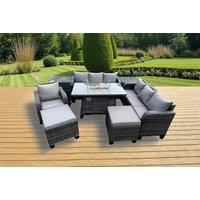 Modern Rattan 9-Seater Garden Set with Firepit & Reclining Sofa
