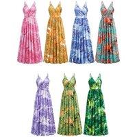 Black Women's Boho V-Neck Maxi Dress - Breathable Summer Print, Stretch Fit, UK Sizes 8-16