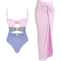 Women's Black Colour Block One-Piece Swimsuit & Detachable Sarong Set - Quick-Dry, Versatile Beachwear