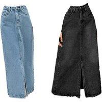 Women's Black High Waisted Denim Maxi Dress - Cotton Blend, A-Line, Summer Casual
