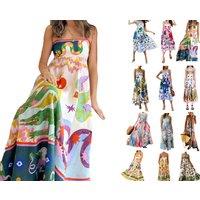 Women's Black Breathable Polyester Halter Neck Maxi Dress - Sleeveless, Adjustable Straps, Graffiti Print, Summer Casual