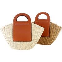 Women'S Handmade Hand-Held Rattan Woven Bag - Khaki & Beige