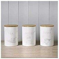 Set of 3 Modern Marble Effect Ceramic Kitchen Storage Jars - Airtight Wooden Lids, Contemporary Home Decor