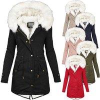 Red Women's Mid Length Thermal-Lined Parka Jacket - Cotton Blend, Velvet Lining, Windproof Hood, 6 Colours, 8 Sizes
