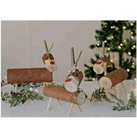 3Pc Wooden Log Reindeer Family