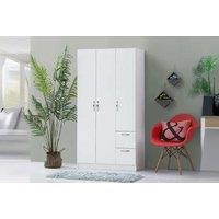 White 3-Door Double Wardrobe With Shelves, Hanging Rail & 2 Drawers - Contemporary Bedroom Storage Solution