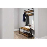 Walnut Finish Industrial Bedroom Coat Rack Bench with Shelves - Sturdy Storage & Rustic Style