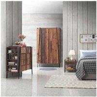 Rustic Oak Bedroom Furniture Set - 3-Piece Oak Wardrobe, Chest & Bedside Table with Iron Frame, Storage Drawers