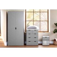 Modern Bedroom Furniture Set - White & Grey Wardrobe, 3-Drawer Chest, And Bedside Table