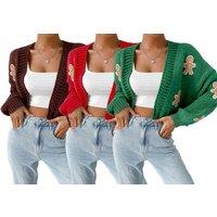 Black Women's Gingerbread Man Cropped Chunky Knit Jumper - 100% Polyester, Relaxed Fit, UK 8-16, Festive Christmas Cardigan