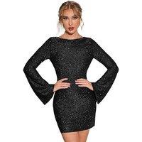 Black Women's Sequin Party Midi Dress - Backless, Flare Sleeves, Stretch Fit