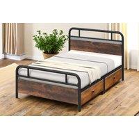 Double Size Metal Bed Frame With Rustic Wood Headboard - Heavy-Duty, 9-Leg Support, Under-Bed Storage