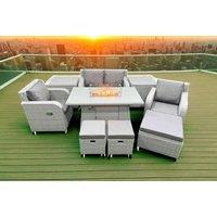 Rattan Reclining Loveseat Sofa Set with Firepit Table - 9 Piece Outdoor Dining