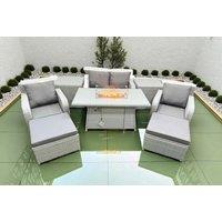 Rattan Reclining Loveseat & Firepit Dining Set - 8 Piece Outdoor Furniture