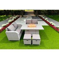 Rattan 6-Seater Firepit Dining Set with Loveseat Sofas