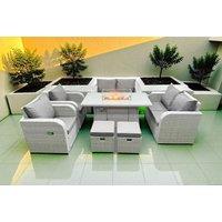 Rattan Reclining Loveseat & Firepit 8-Seater Outdoor Dining Set - Weather-Resistant Garden Furniture