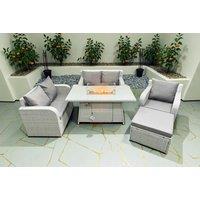 Rattan 6-Seater Reclining Sofa Set with Firepit Table - Weather-Resistant Outdoor Lounge