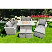 Modern 8-Seater Rattan Reclining Sofa Dining Set with Firepit Table