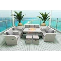 Loveseat Sofa With 2 Reclining Chairs, 3 Seater Sofa, Firepit Dining Table, 2 Stools & 2 Side Tables