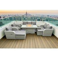 Rattan 10-Seater Outdoor Dining Set with Firepit & Reclining Chairs - Weather-Resistant Garden Furniture