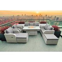 Loveseat Sofa With 2 Reclining Chairs, 3 Seater Sofa, Firepit Dining Table, 2 Stools & 2 Side Tables