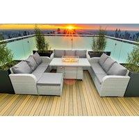 Modern Rattan Dining Set with Firepit Table & Stools