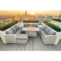 10-Seater Rattan Sofa Set with Firepit Dining Table