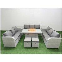 11-Seater Rattan Sofa Set with Firepit Dining Table