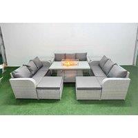 Modern 11-Seater PE Rattan U-Shaped Dining Set with Firepit Table