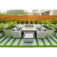 Rattan 7-Seater Outdoor Dining Set with Firepit Table - Weather-Resistant PE Wicker