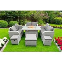 Weather-Resistant PE Rattan 9-Seater Garden Dining Set with Firepit