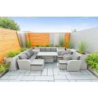 Modern PE Rattan 11-Seater Reclining Outdoor Lounge Set with Lifting Dining Table - Weather-Resistant Garden Furniture