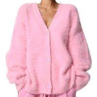 Grey Women's Chunky Knit V-Neck Button Cardigan - 100% Polyester, Oversized Fit, S-XL